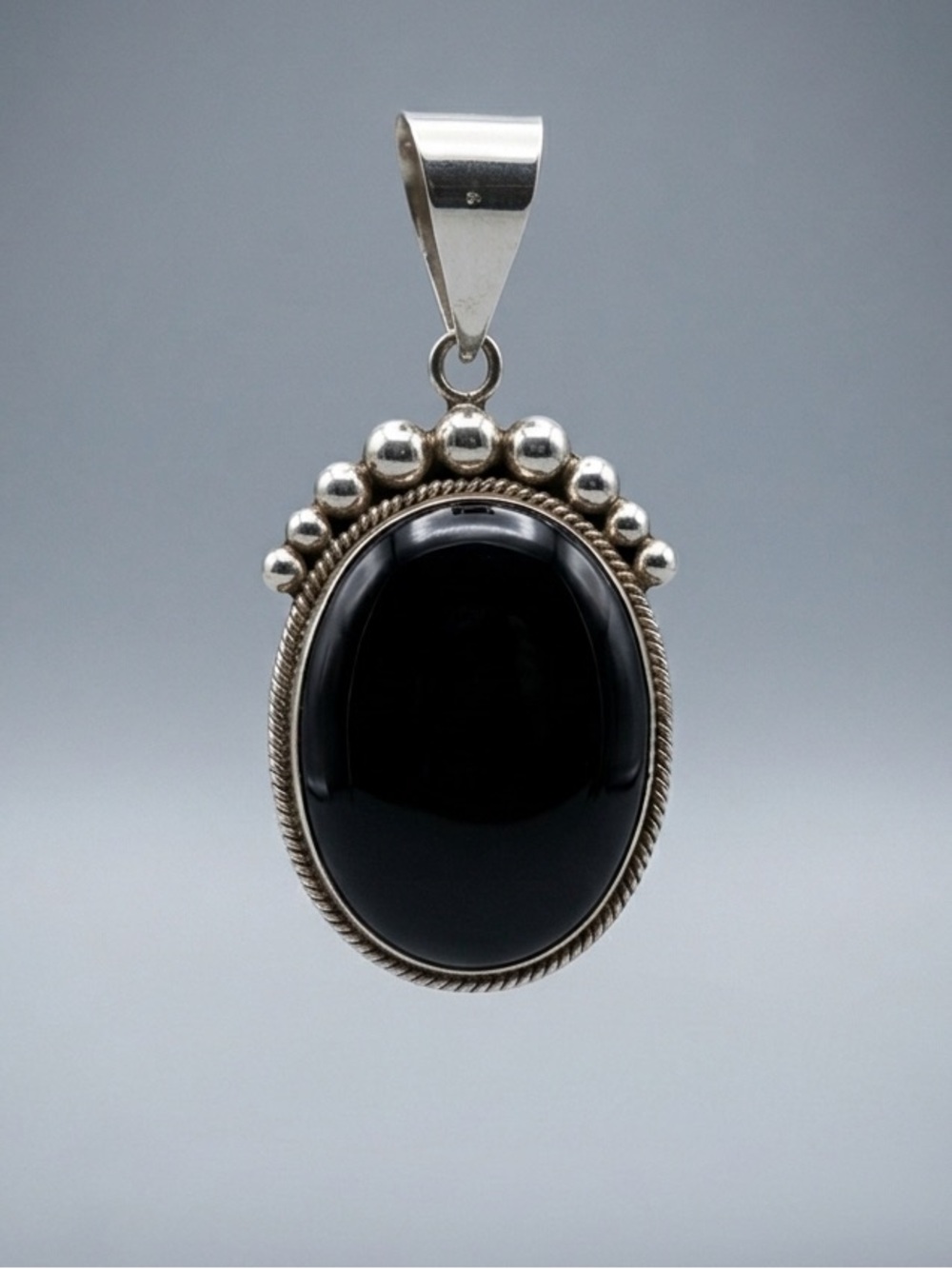 Sterling Silver Black Onyx Oval Pendant Necklace Mexico 925